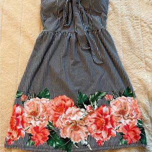 NOBO Black and White Striped Mini Dress with Floral Design